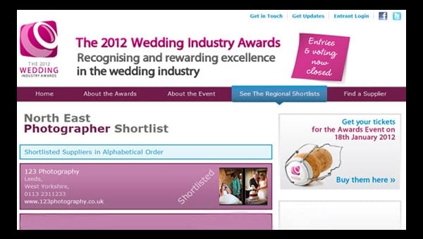 We were shortlisted for the Wedding Industry Awards 2012